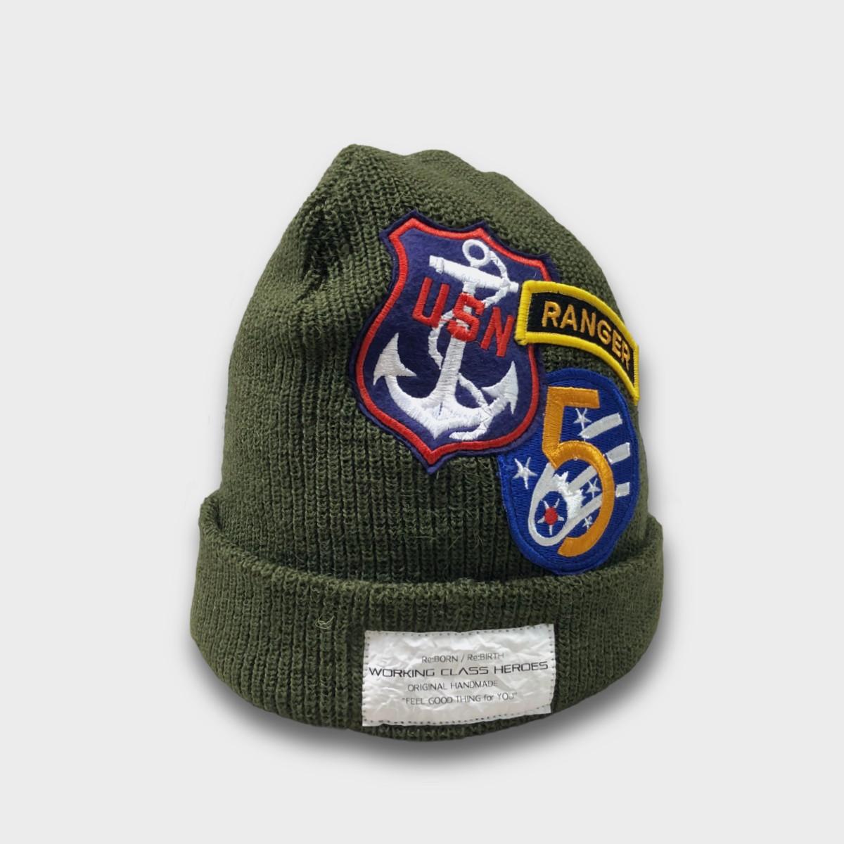 "Patched" USN Knit beanie -olive1枚目の画像